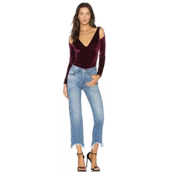 NWT H:OURS X REVOLVE Sz S IVY VELVET LONG SLEEVE BODYSUIT IN BORDO - Picture 3 of 5